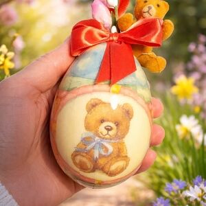 Vintage Patricia Reach Cute Teddy Bear Easter Egg Ornament 1991 In Original Box